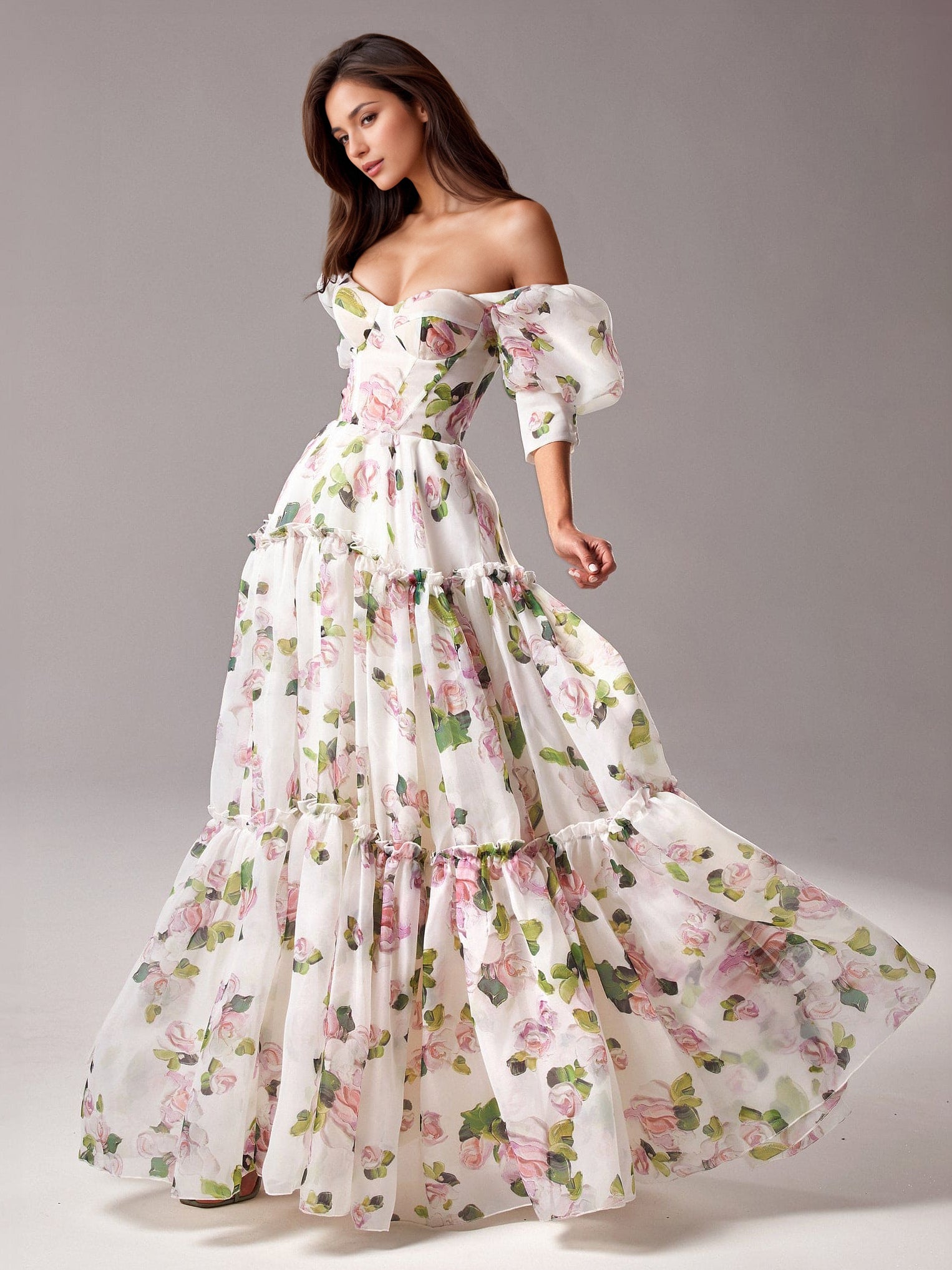 Party Dress Floral Off The Shoulder Tiered A-Line Elegant Prom Maxi Folklore Dresses