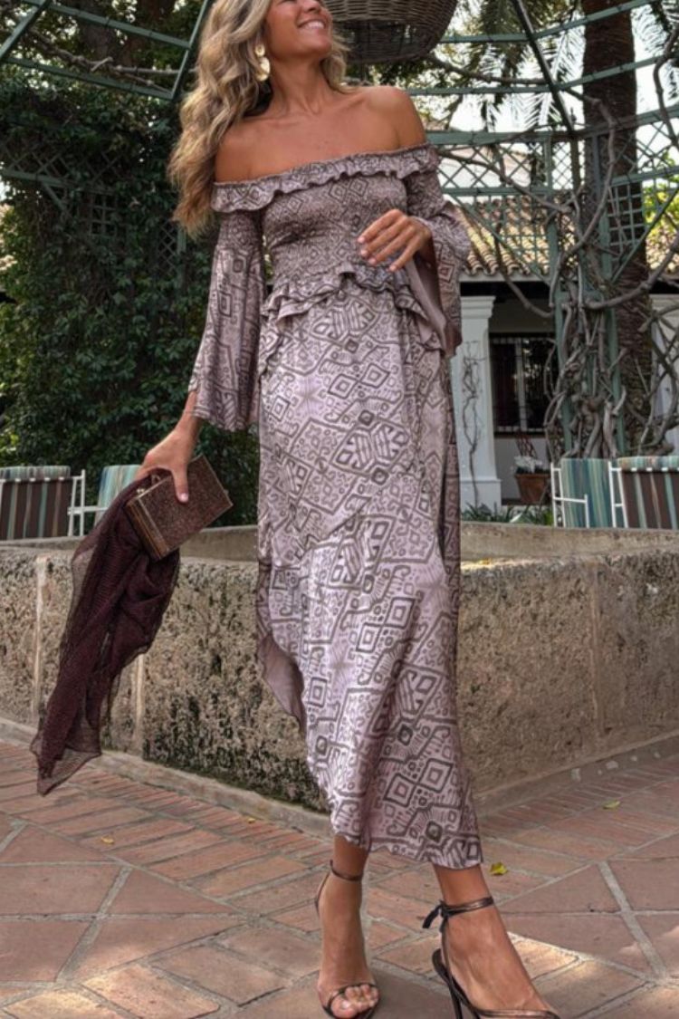 Carlie Printed Off Shoulder Smocked Ruffles Bell Sleeve Midi Dress