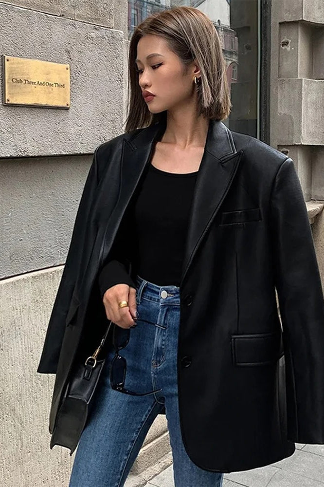 Black PU Leather Blazer Jacket