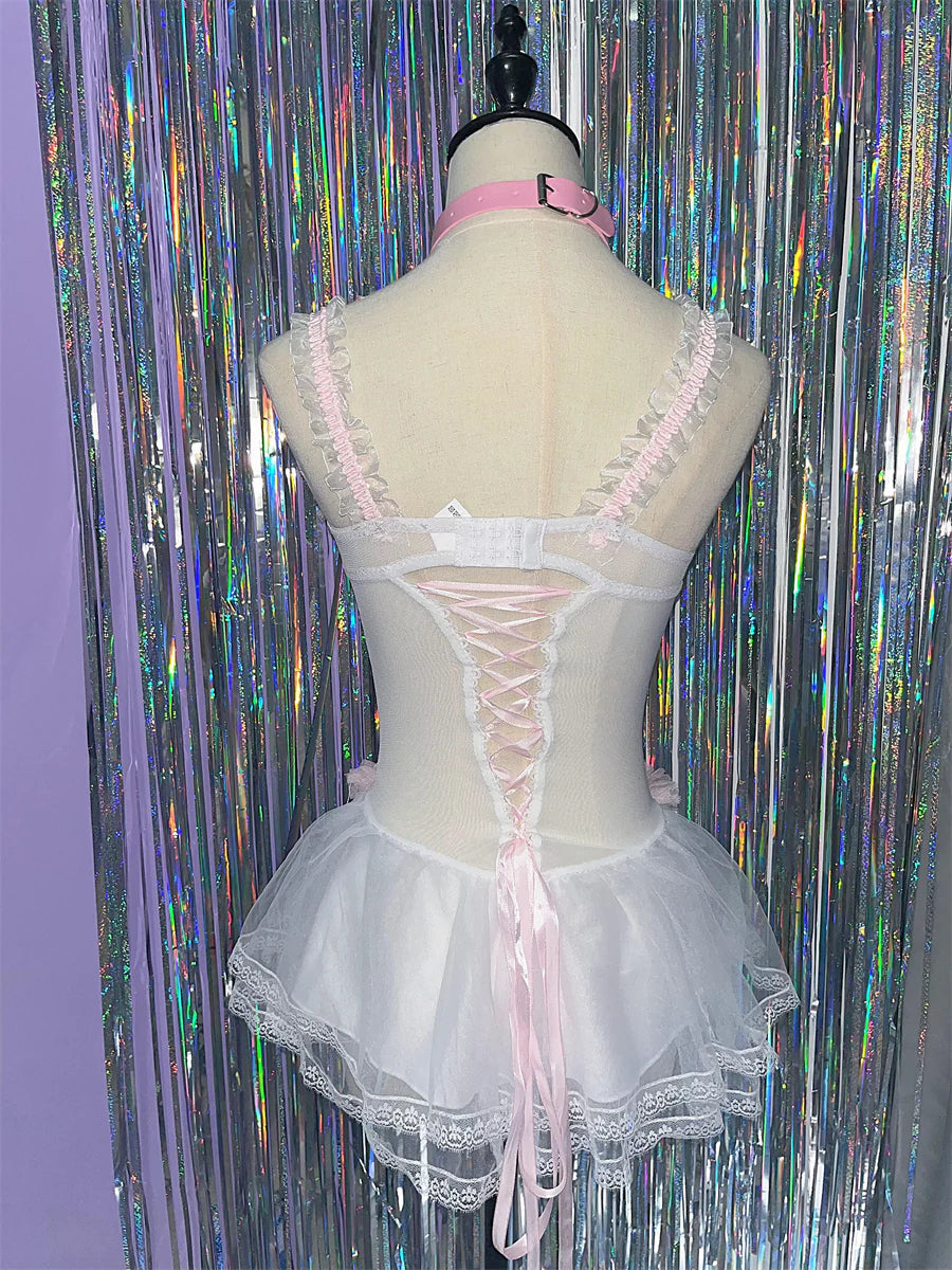 Y2K White Lace  Sheer Mini Skirt Dress Lingerie