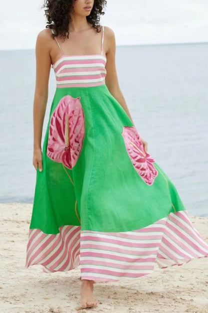 Backless Stripes Splice Floral Print Swing Maxi Cami Dress