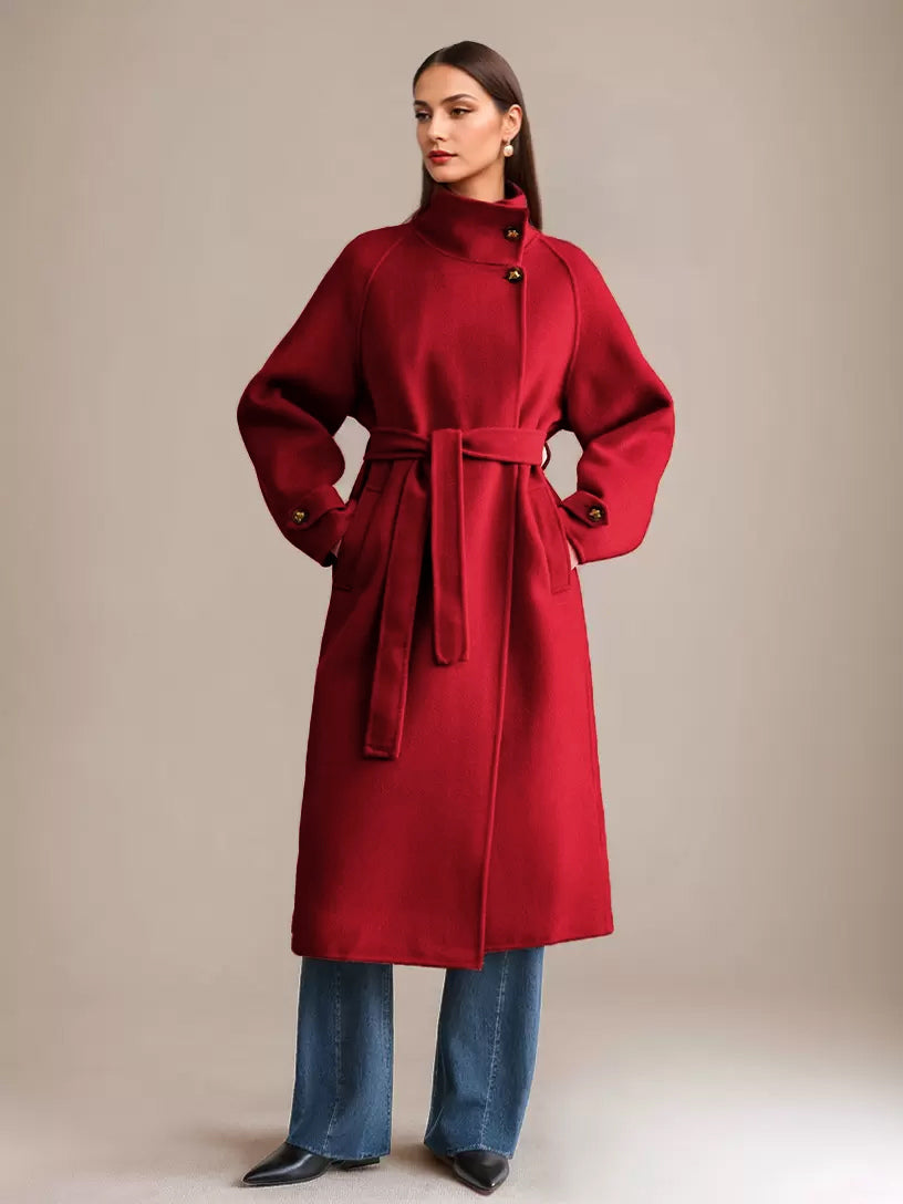 White Wool Cashmere Blend Coat Stand Collar Double-Faced Belted Winter Outerwear For Women 2026