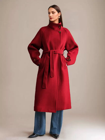 White Wool Cashmere Blend Coat Stand Collar Double-Faced Belted Winter Outerwear For Women 2026
