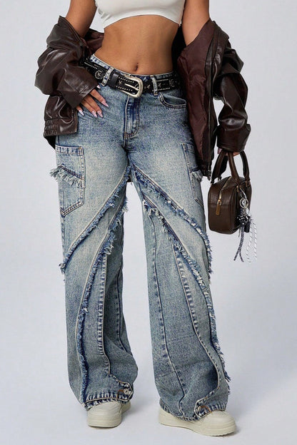 Frayed Patchwork Wide-Leg Loose Denim Jeans