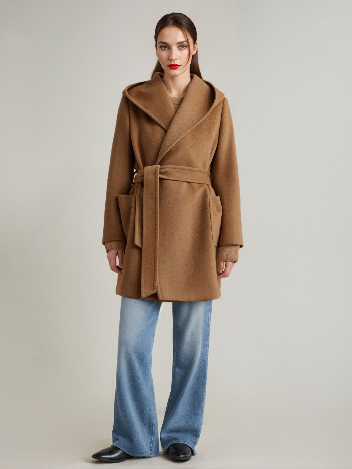 Wool Cashmere Blend Coat With Hood Camel Belted Double-Faced Short Wrap Coat For Women 2026