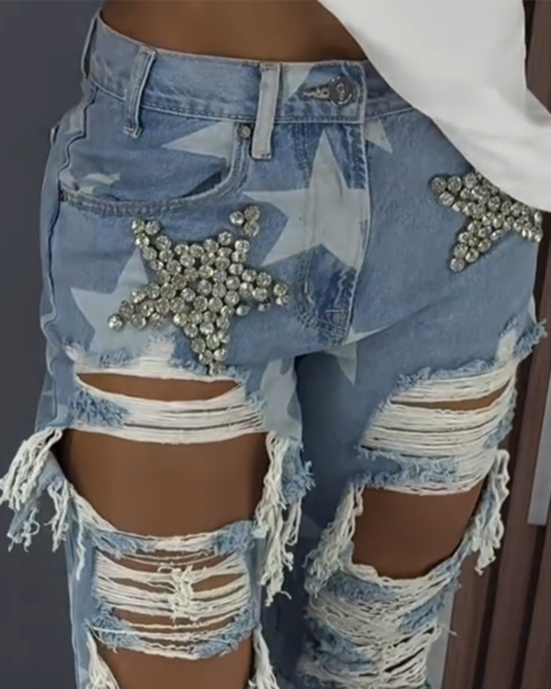 Ripped Ornament Jeans