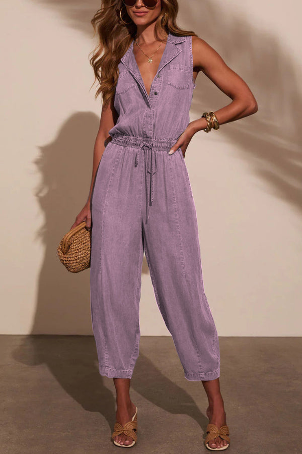 Stylish Collared Sleeveless Elastic Waist Tie Casual Pocket Denim Jumpsuit