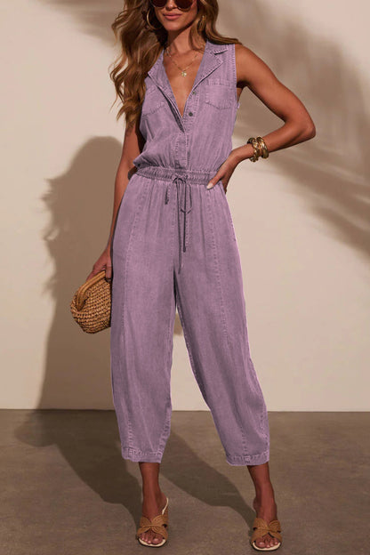 Stylish Collared Sleeveless Elastic Waist Tie Casual Pocket Denim Jumpsuit
