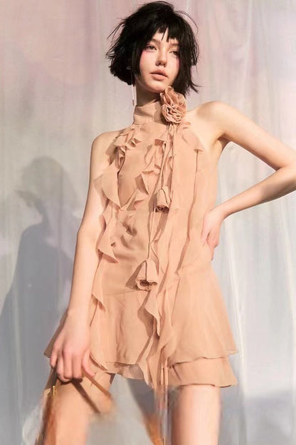 Asymmetric Rose Halter  Mini Dress