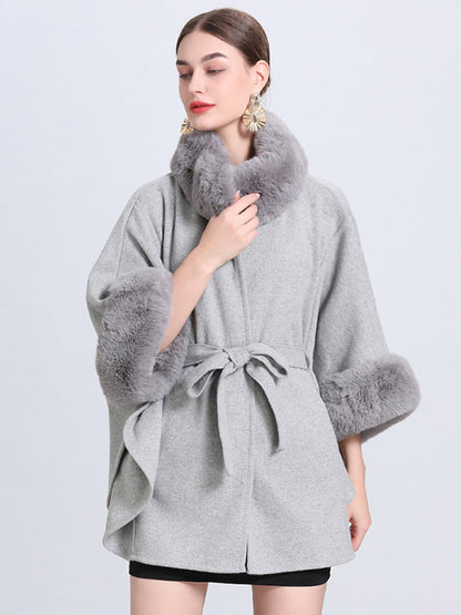 Women Poncho High Collar Light Gray Oversized Faux Fur Cape