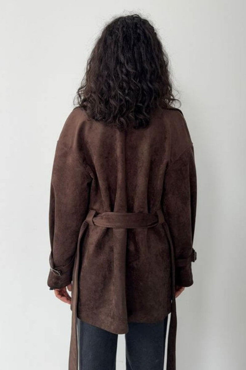 Vintage Suede Lapel Tie Waist Jacket Coat