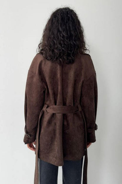 Vintage Suede Lapel Tie Waist Jacket Coat