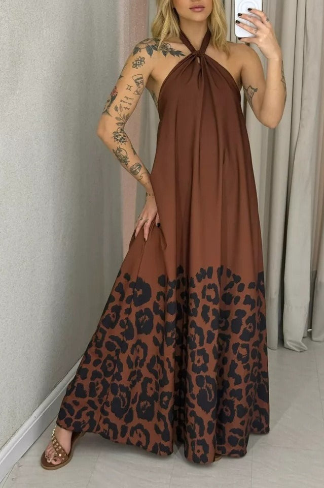 Leopard Print Halter Neck Backless Maxi Dress
