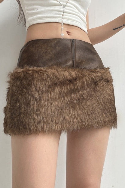 Low-Rise Fuzzy Leather Paneled Mini Skirt