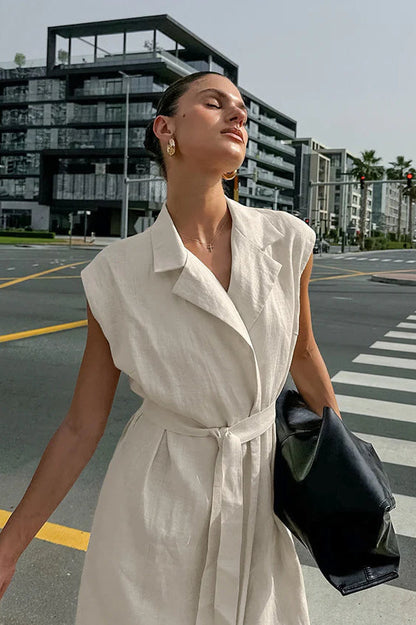 Khaki Cotton Linen Belted Shirt Maxi Dress