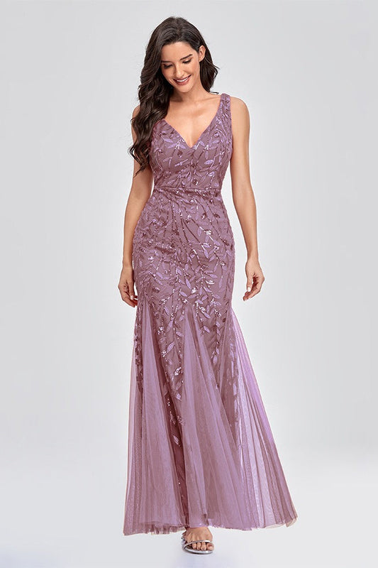 V Neck Sheer Embroidered Sequin Sexy Prom Dress