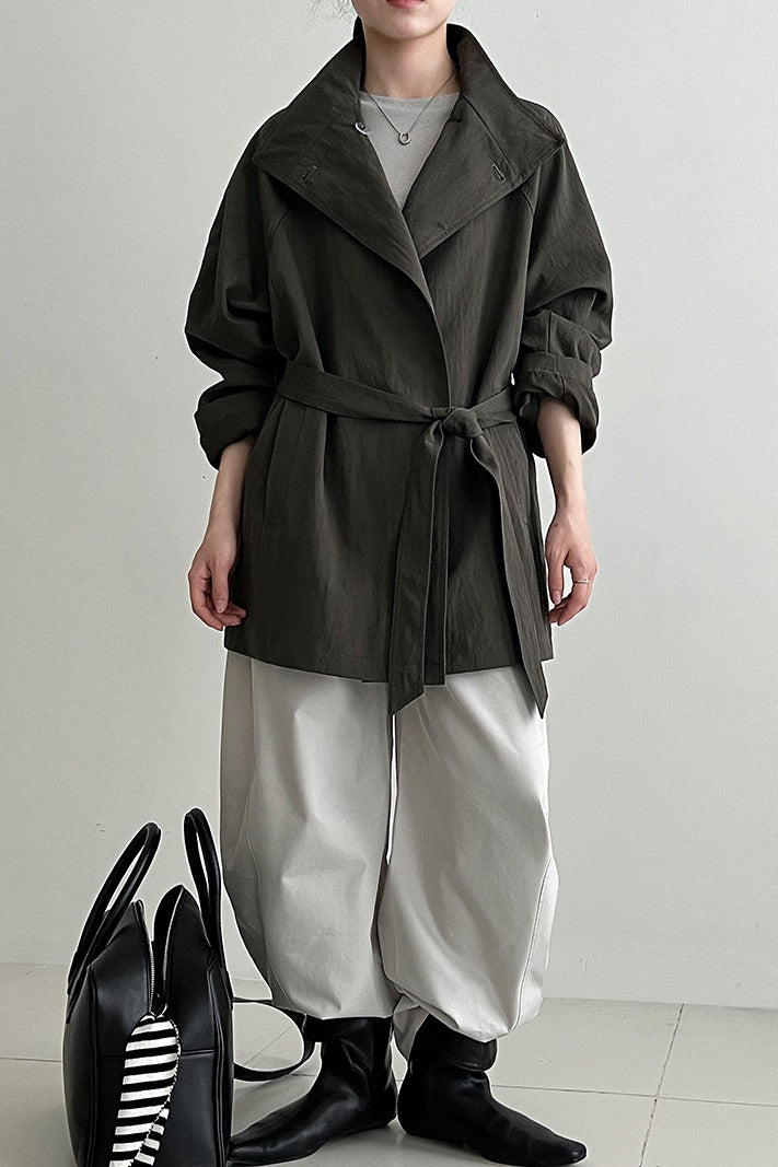 British-Style Stand-Collar Belted Mid-Length Trench Coat