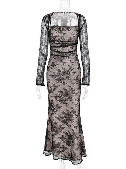 Trumpet Dress Lace-up Cutout Floral Embroidery Long Sleeves Prom Dresses