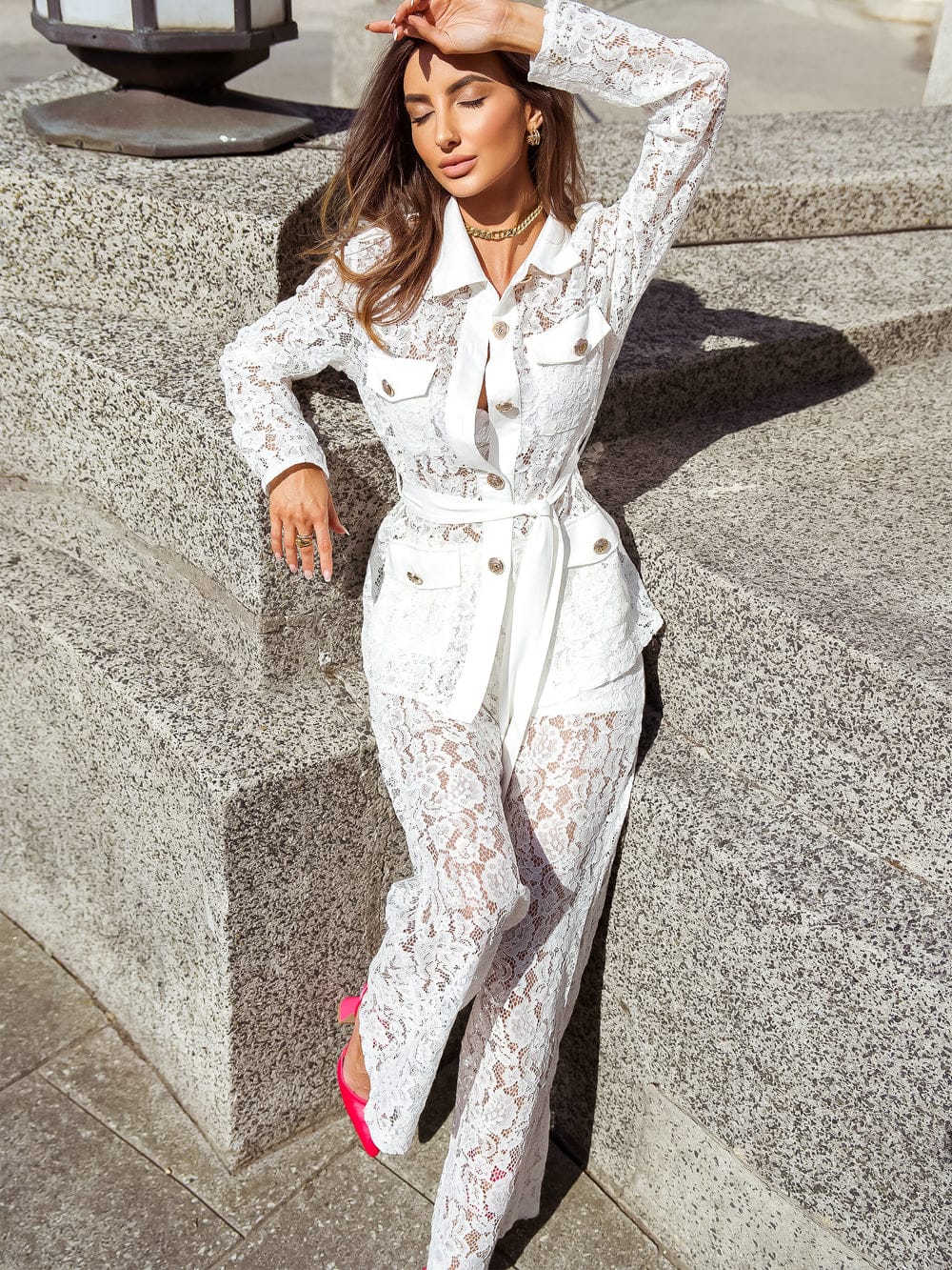 Lace Pocket Shirt & Wide Leg Pants Coord Set with Belt
