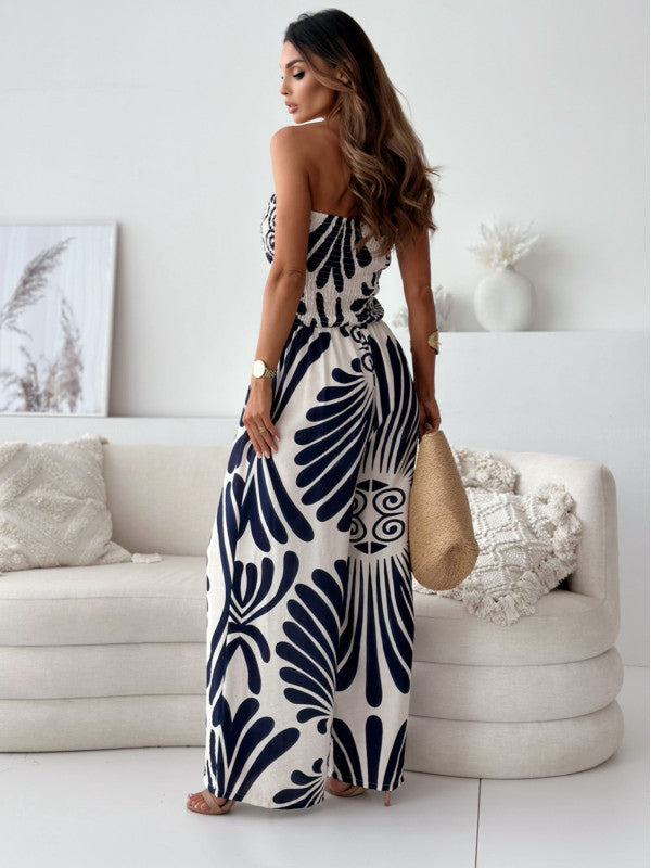 Dark Navy Printed Strapless Sleeveless Polyester Straight Summer One Piece Outfit