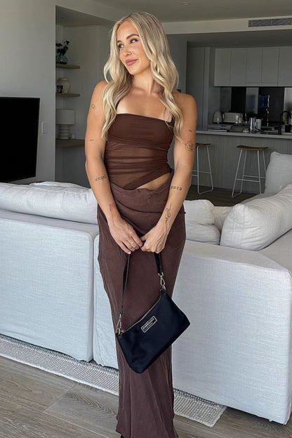 Sexy Mesh Splicing Halter Neck Ruched Side Cutout Maxi Dress