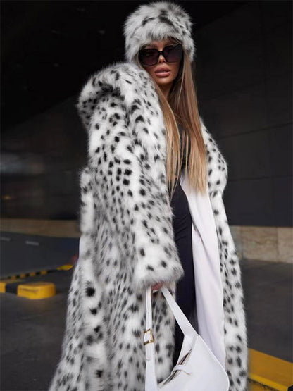 Hooded Faux Fur Coat Leopard Print Eco-friendly Winter Long Jacket 2026