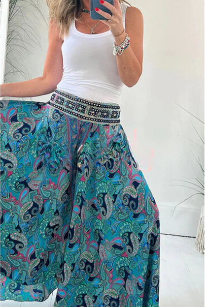 Ethnic Paisley Print Elastic Patchwork Waist Pocketed Lightweight Pants