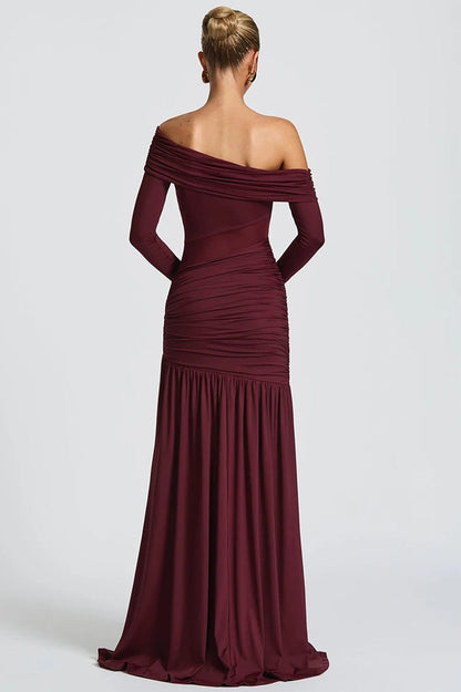 Off Shoulder Long Sleeve Mesh Panel Ruched High Split Maxi Dress