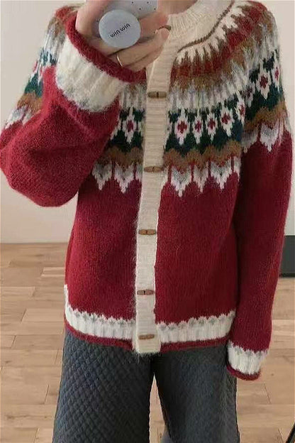 Crew Neck Fair Isle Christmas Horn Button Knit Cardigan
