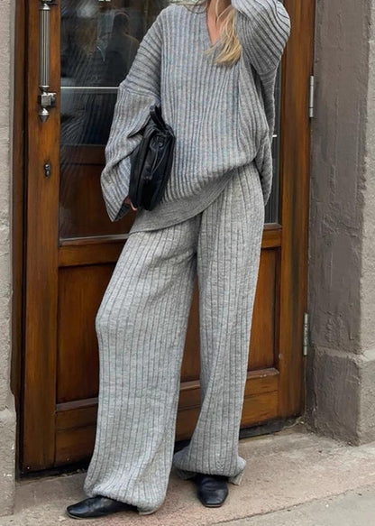 V-Neck Sweater and Wide-Leg Trousers Set