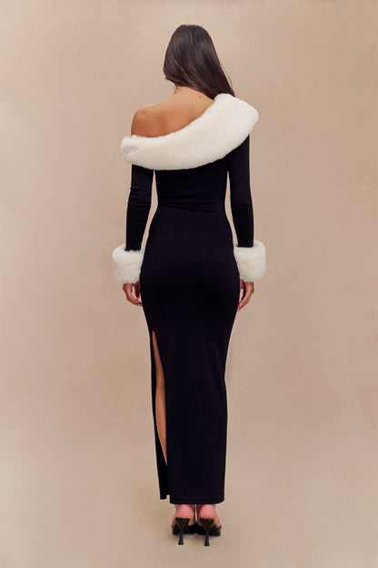 Dawn Faux Fur One Shoulder Slit Maxi Dress