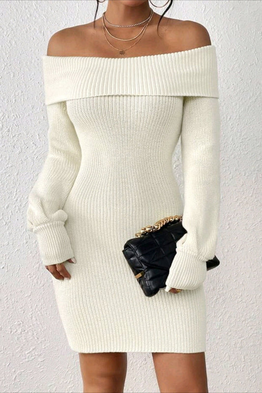 Long Sleeve Off Shoulder Slim Fit Knit Sweater Dress