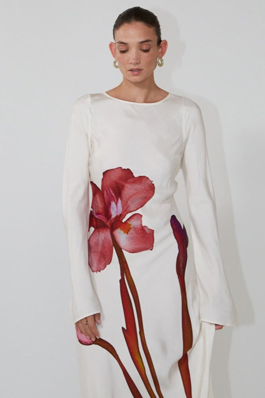 Elegant Long Sleeve Floral Print Backless Maxi Dress