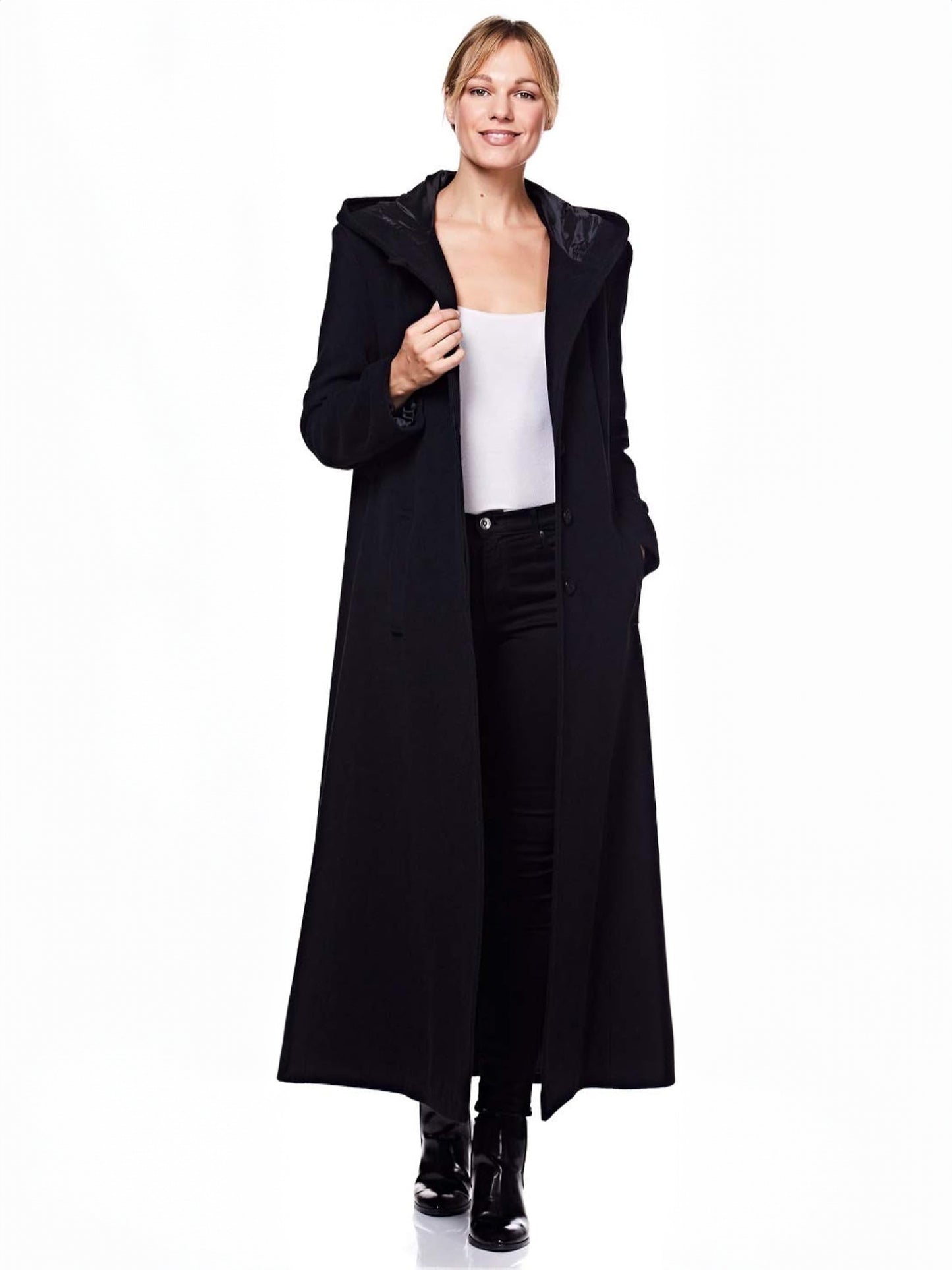 Women Wrap Coat Hooded Warmth Full Length Winter Maxi Wool Blend Coat 2026