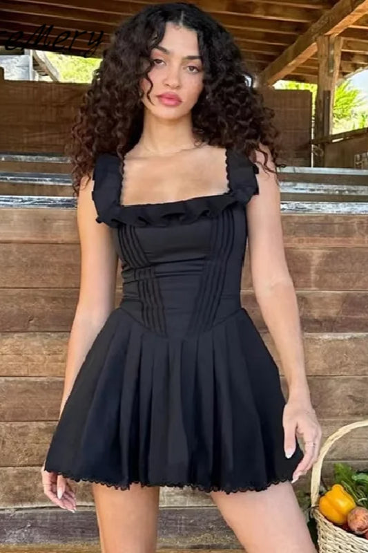 Square Neck Ruffle Trim Corset Bodice Pleated Scalloped Hem Mini Dress