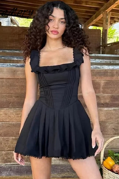 Square Neck Ruffle Trim Corset Bodice Pleated Scalloped Hem Mini Dress