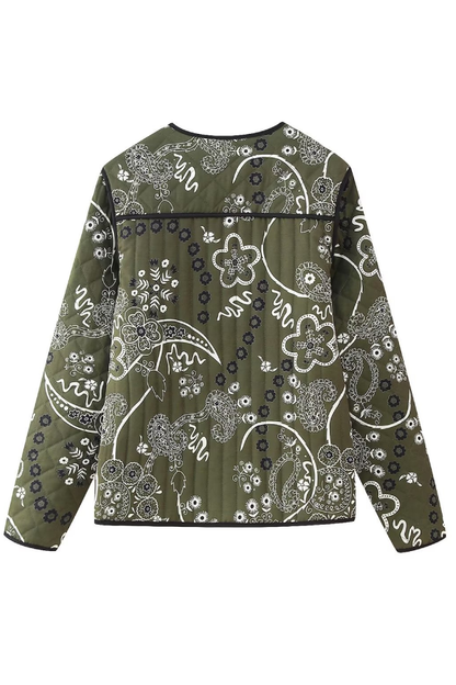 Retro Print Pockets Loose Round Neck Jacket