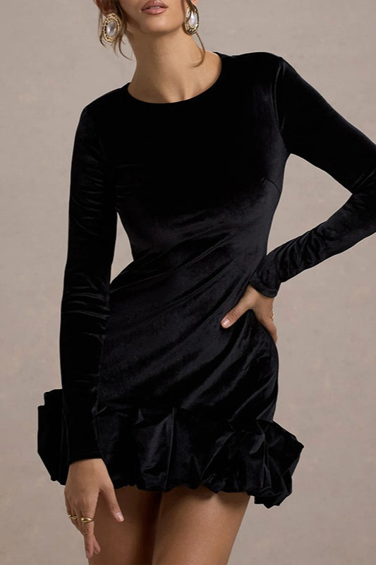 Velvet Crew Neck Ruched Long Sleeve Bubble Hem Mini Dress