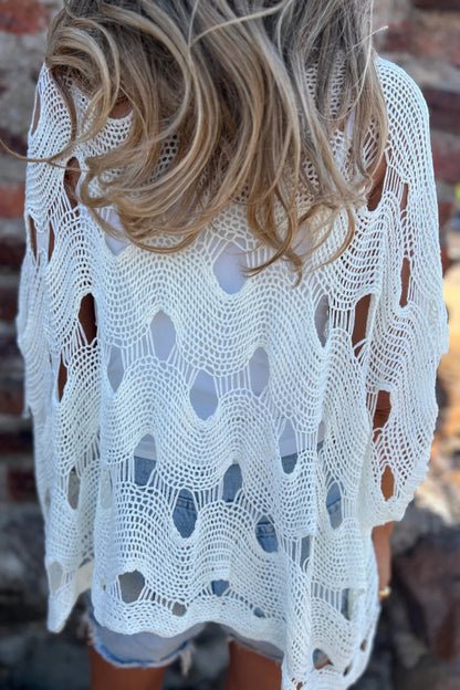 Solid Color Loose-fitting Openwork Casual Knit Top