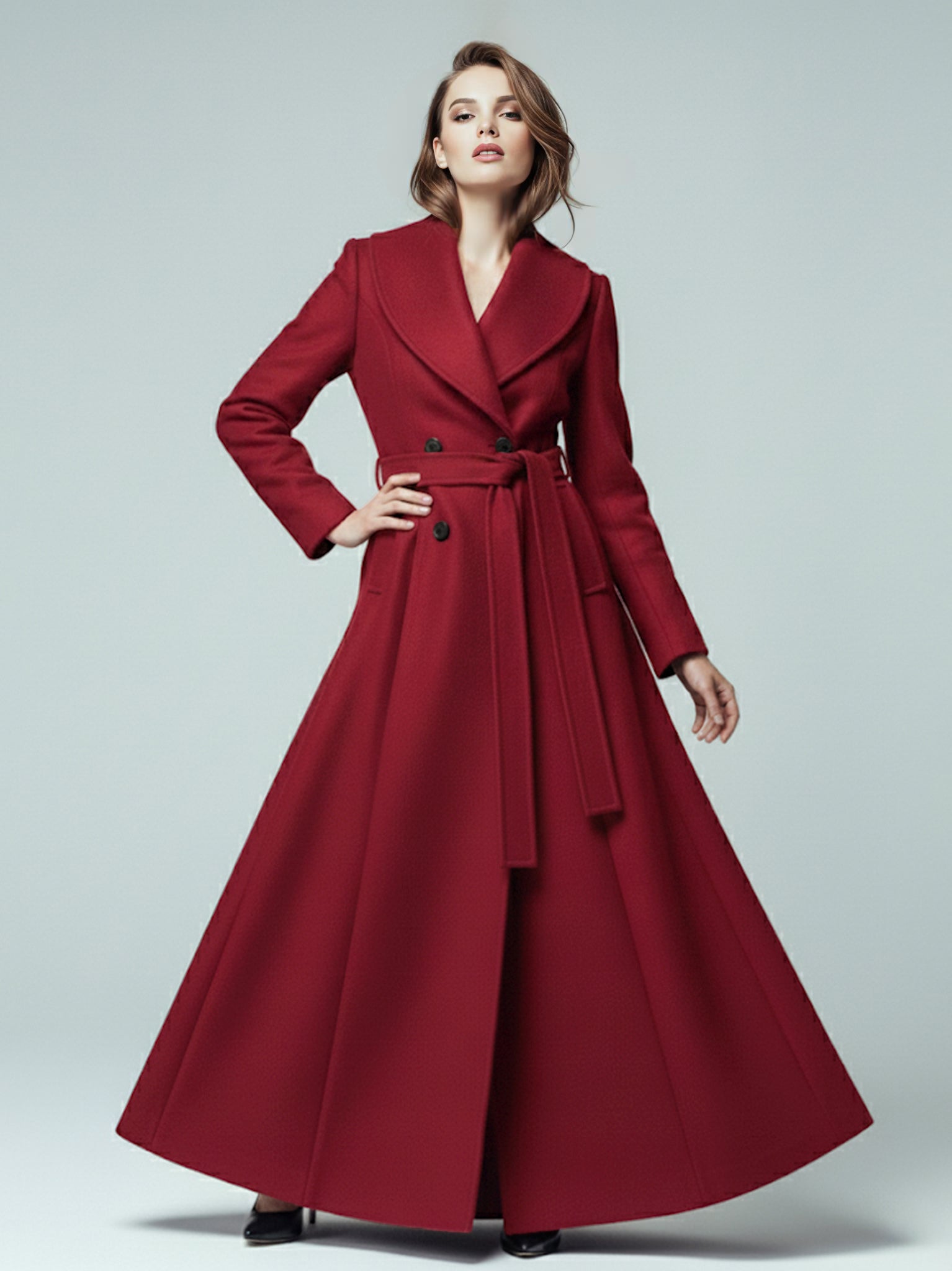 Woolen Belted Maxi Coat With Shawl Collar And Double-breasted For Women 2026
