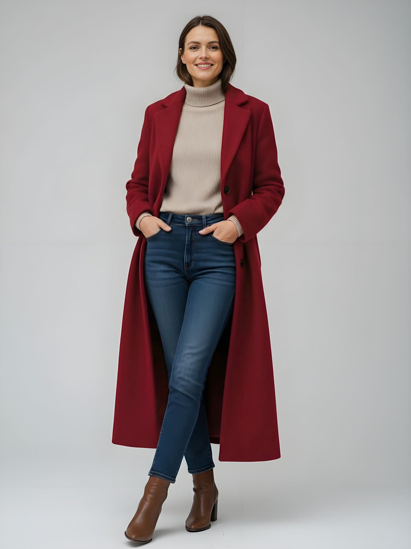 Woolen Long Straight Coat With Single-Breasted And Classic Notch Lapel For Women 2026