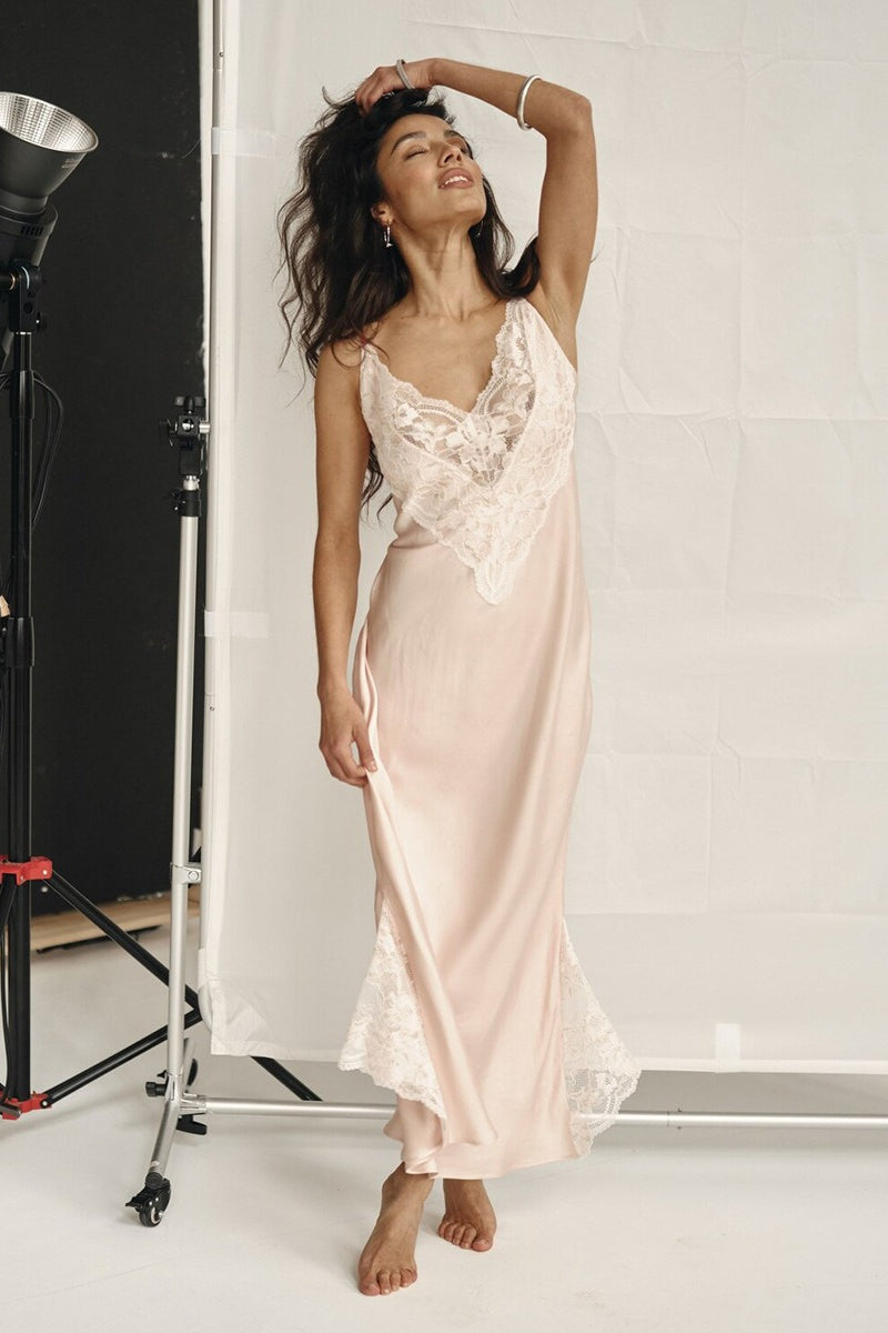 Lace Spaghetti Strap Silk-Like Slit Maxi Dress