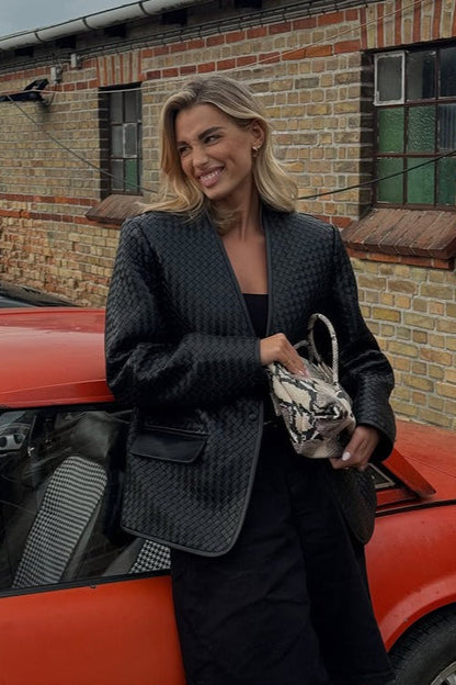 V-Neck Woven Leather Long Sleeve Jacket