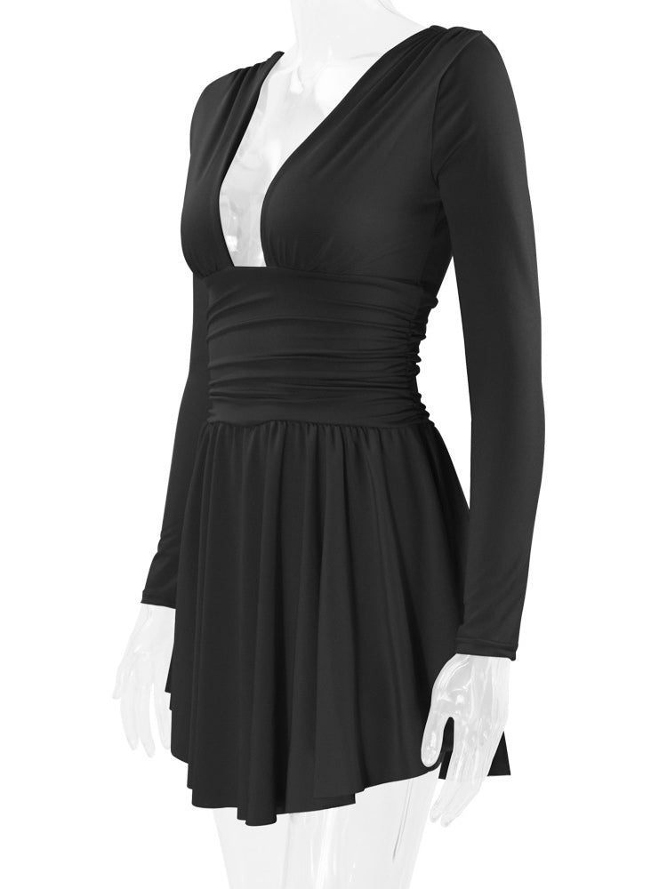 Fit And Flare Dress Plunge Long Sleeves Short Swing Dresses In Solid Color