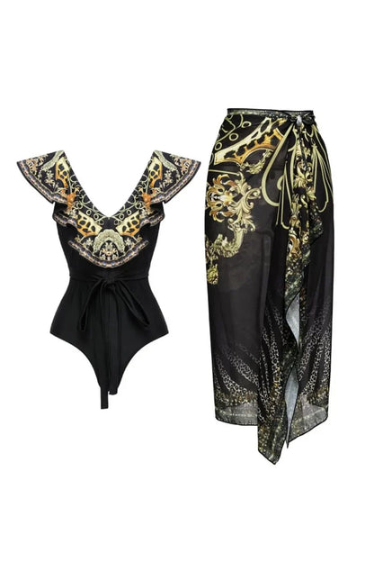 Black Gold Print Ruffle Tie Swimsuit Set