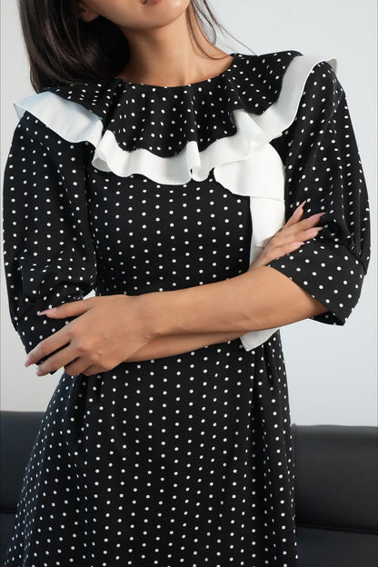 Polka Dot Puff Sleeve Asymmetric Ruffle Trim Fit and Flare Mini Dress
