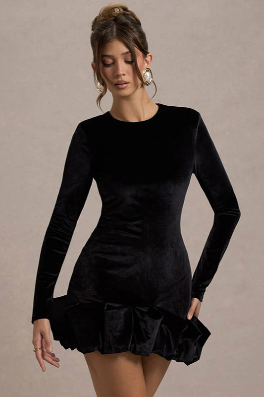 Velvet Crew Neck Ruched Long Sleeve Bubble Hem Mini Dress