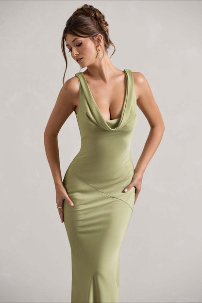 Satin Bodycon Backless Fish Maxi Dress