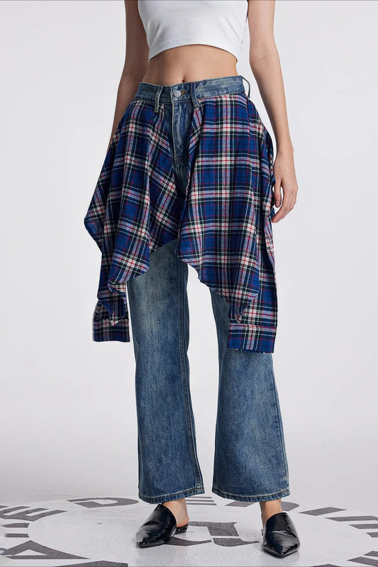 Vintage Plaid Patchwork Washed Micro-Flare Jeans