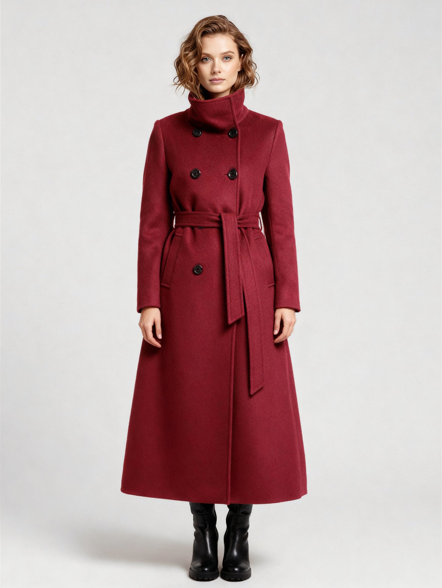 Belted Long Woolen coat with Double-breasted and high collar For Women 2026